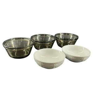 Set Of 5 Vintage Glass Bowls - 3 Amber & 2 White Textured Porcelain Dishes